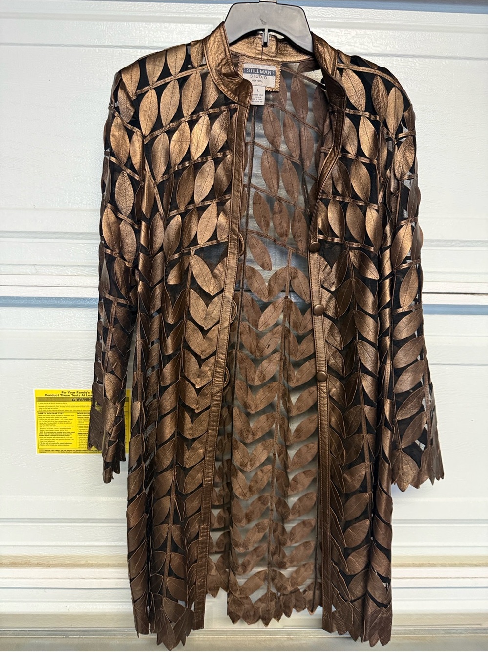 Vintage Stillman Studio New York Metallic Bronze Leather Leaf Cutout Duster Coat